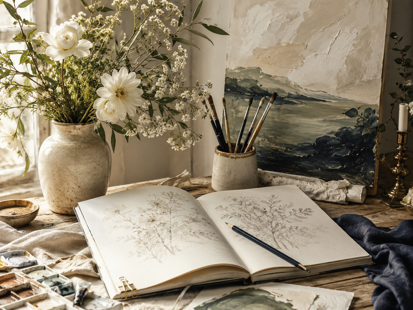 Ateliê com caderno, flores e pincéis